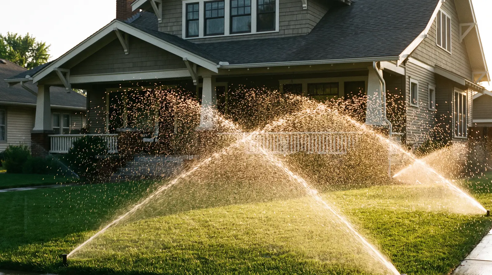 Illustration: a lawn being watered by pop-up sprinklers at sunrise